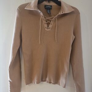 Y2K Style Ralph Lauren Lace-Up V-Neck Form Fitting Ribbed Sweater in Tan LARGE
